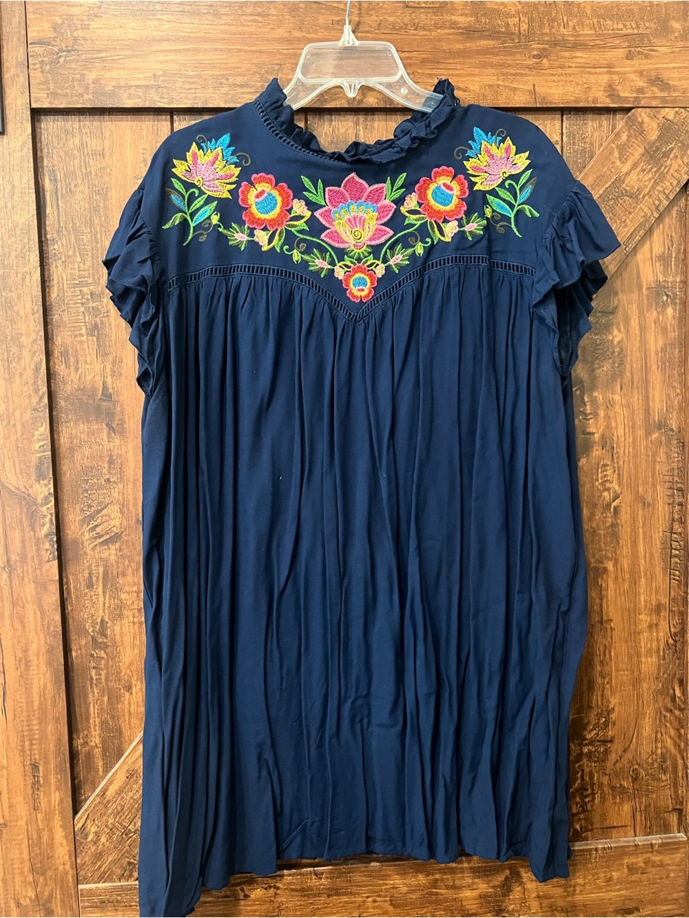 Umgee Navy Floral Embroidered Ruffle Neck Top